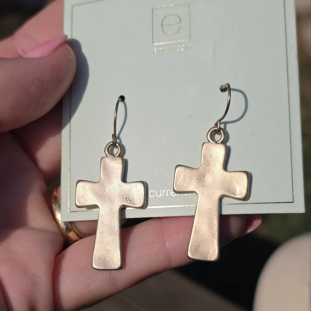 Gold Matte Cross Earrings - Picture 1 of 5